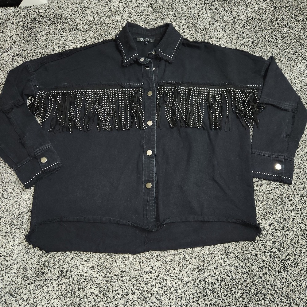 Western Black Button Up Long Sleeve RawHem Rhinestone Fringe Nashville Cezele S